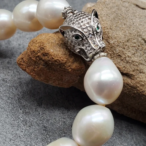 Genuine Freshwater Pearls Bracelet Platinum Pave Diamond Crystals Lion Head